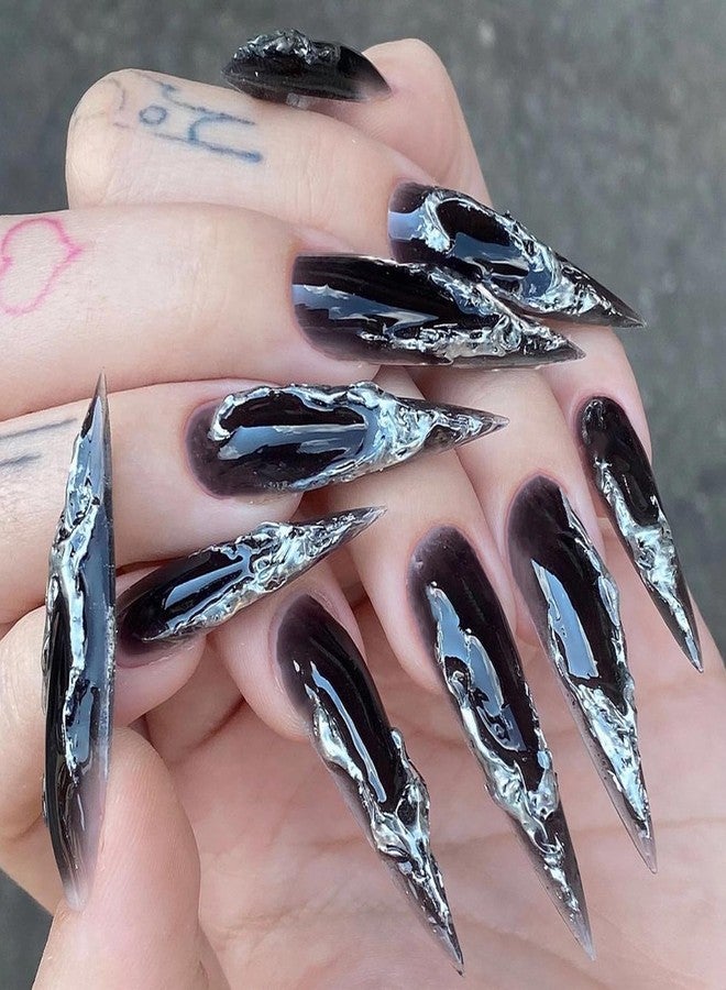 MISUD Press on Nails - Long Stiletto Glue on Nails with Goth Black, Acrylic 3D Silver Chrome Design 24 pcs - Image 1